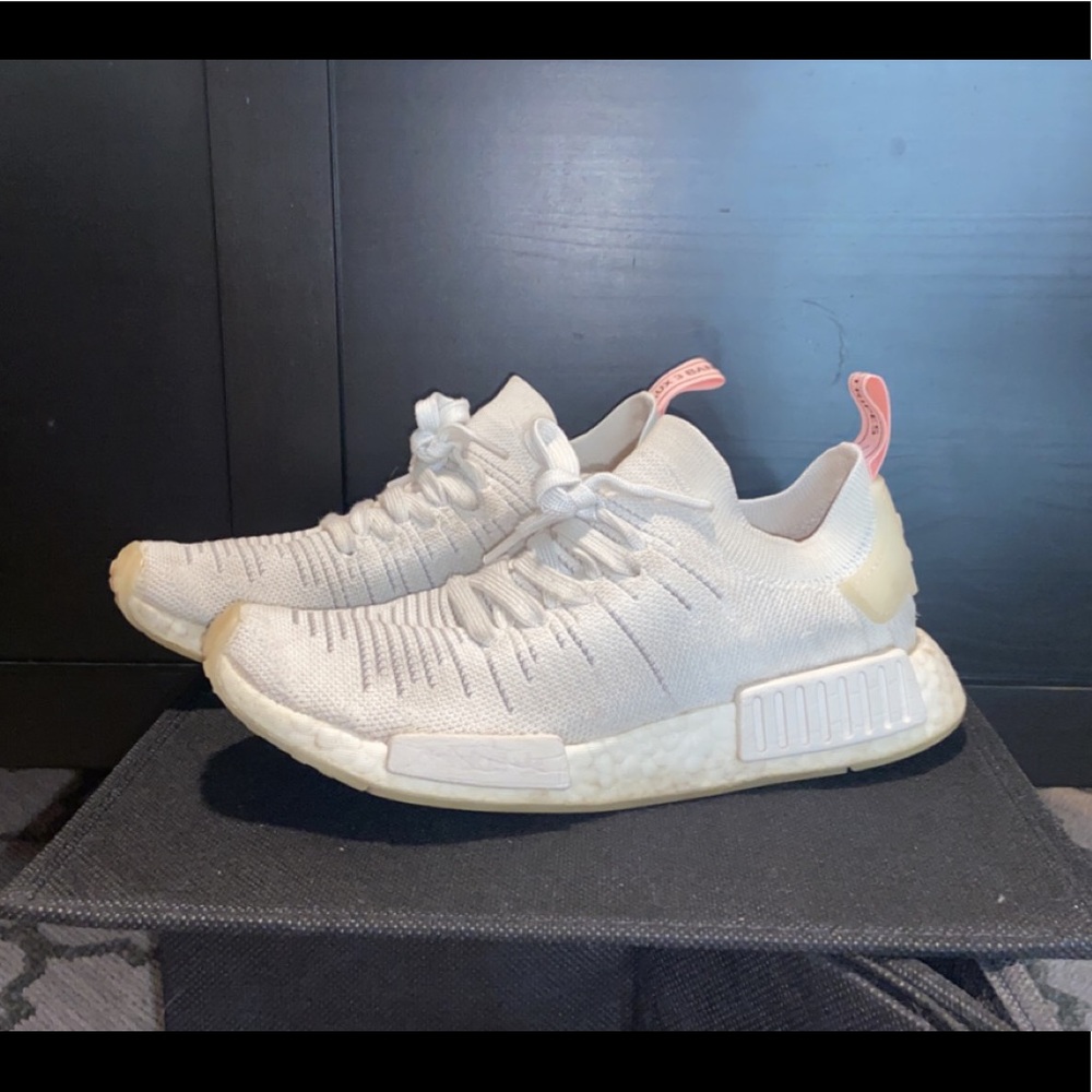 All white pink tab Adidas NMD